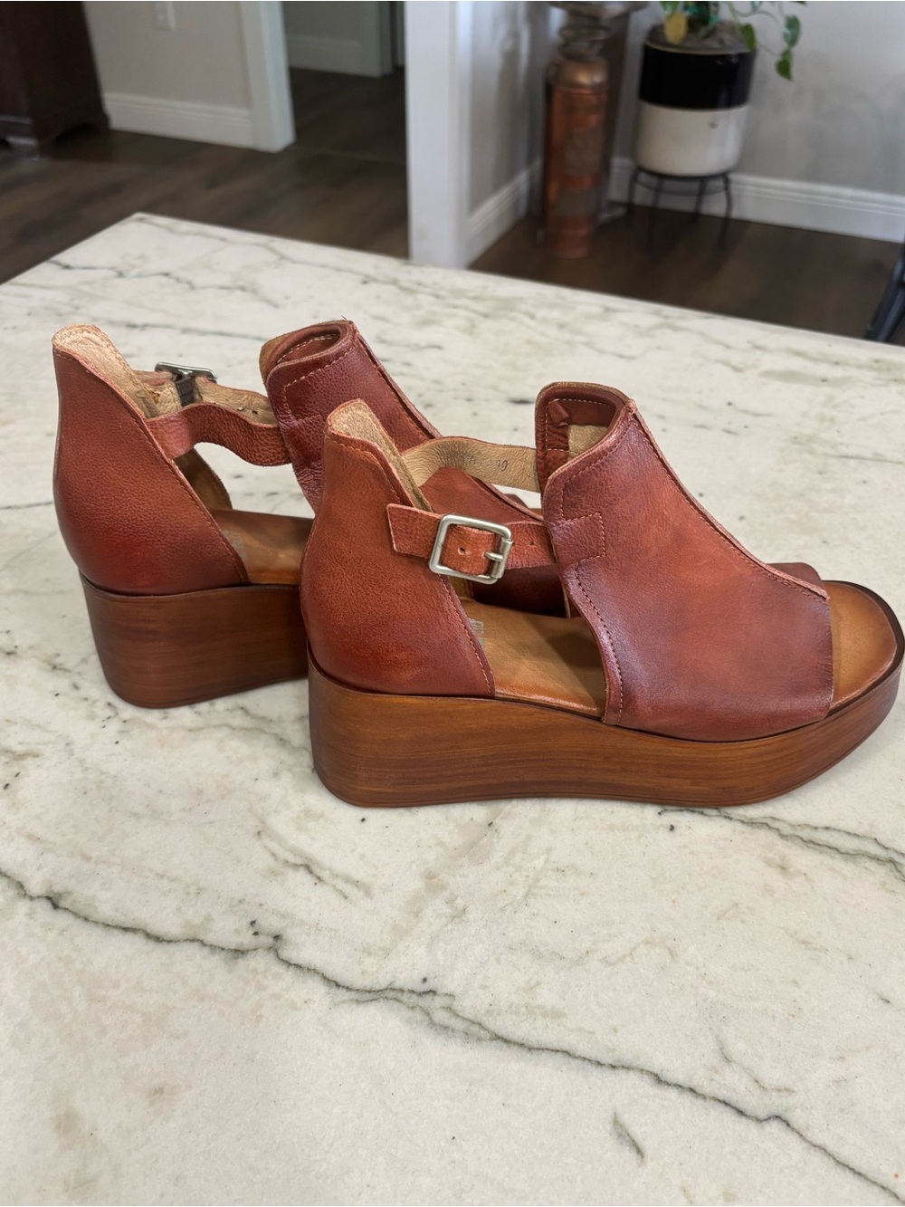 Miz Mooz Rust Brown Leather Wedge Sandals - Picture 2 of 8
